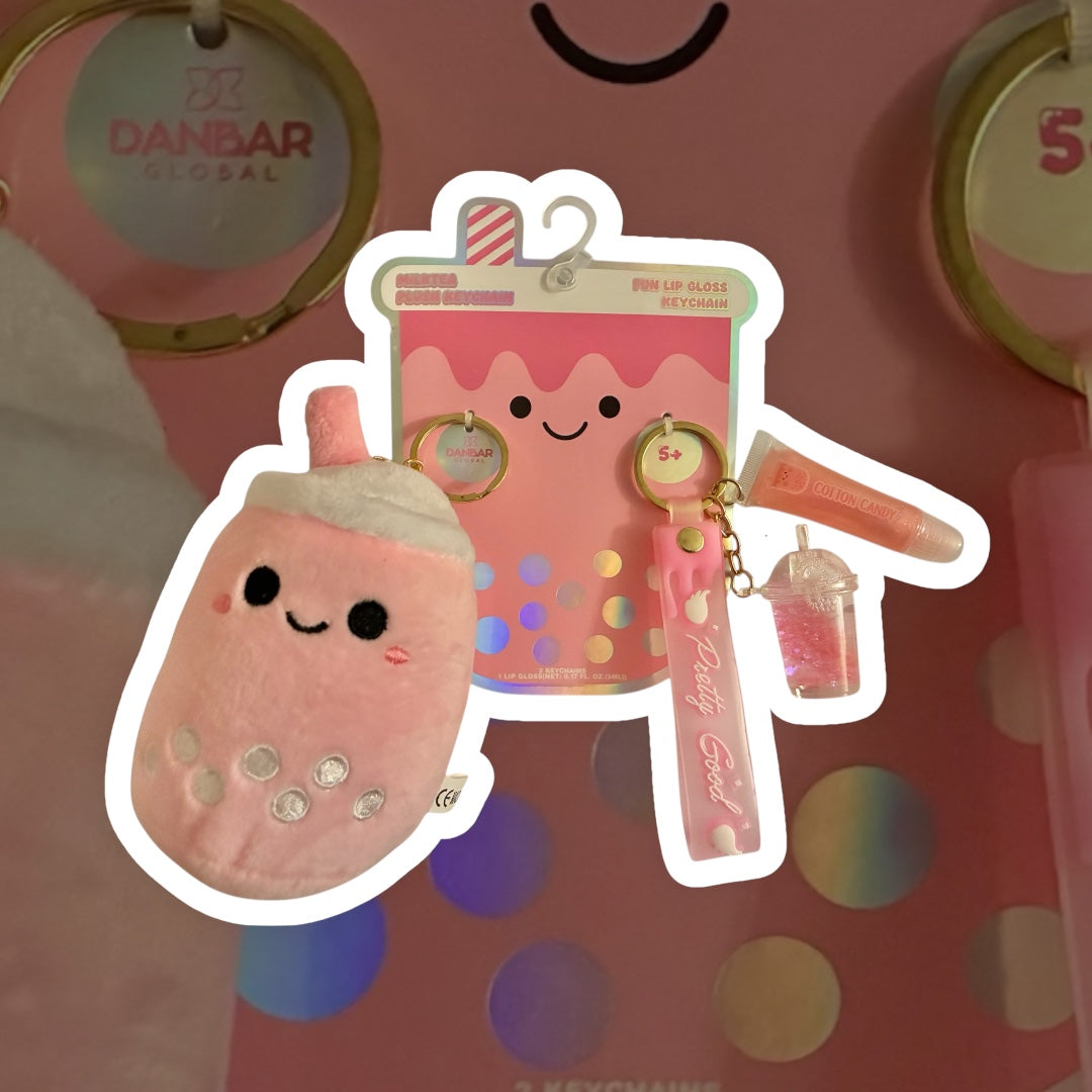 🍓Kawaii Strawberry Boba Sip Lip Gloss & Plush Keychain Set